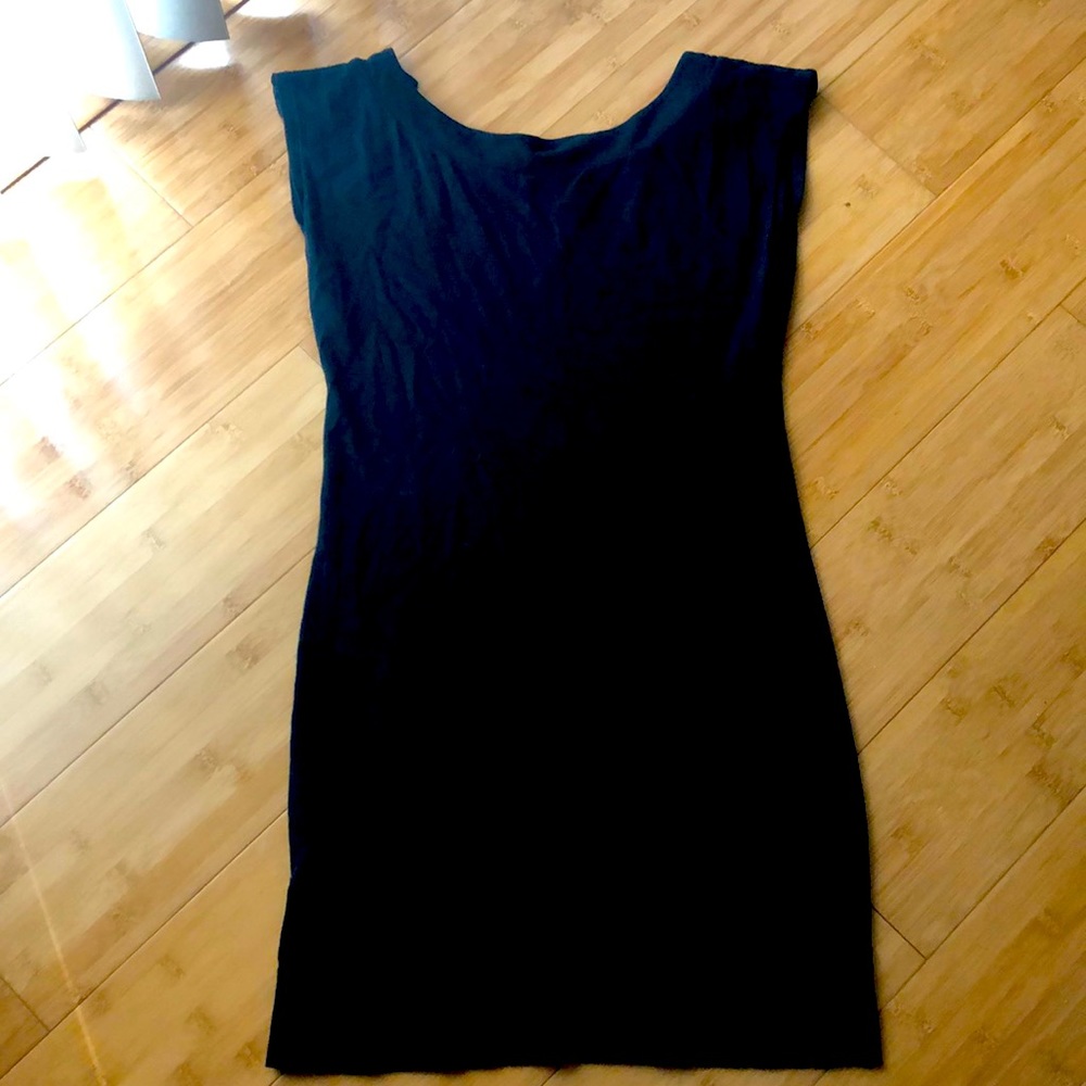 Black tee shirt express dress with button sleeve embellishment